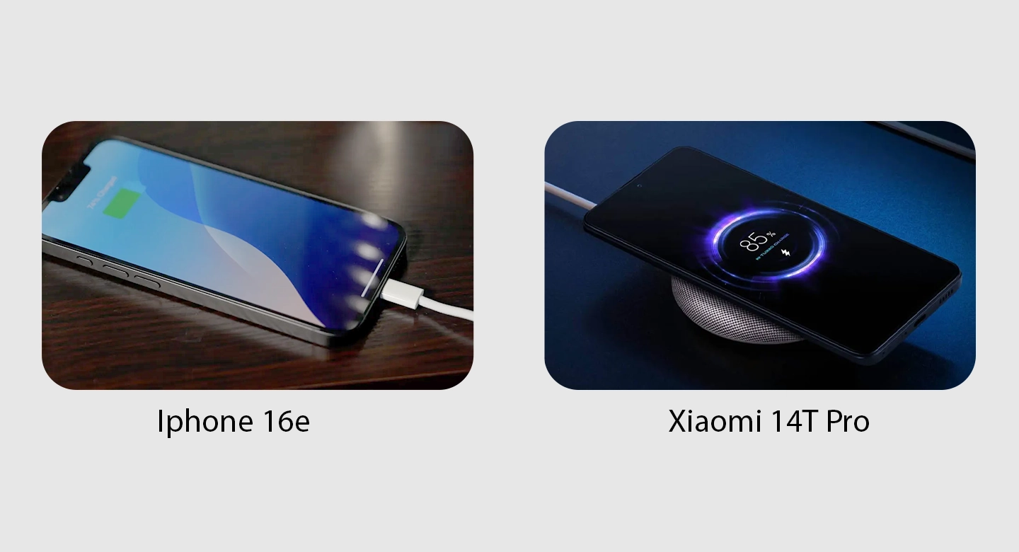 مقایسه طول عمر باتری و سرعت شارژ آیفون 16e با شیائومی 14T pro